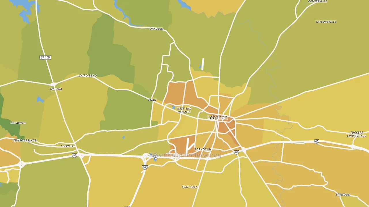 Map of the best neighborhoods in the Lebanon area, with better matches in green and worse matches in red