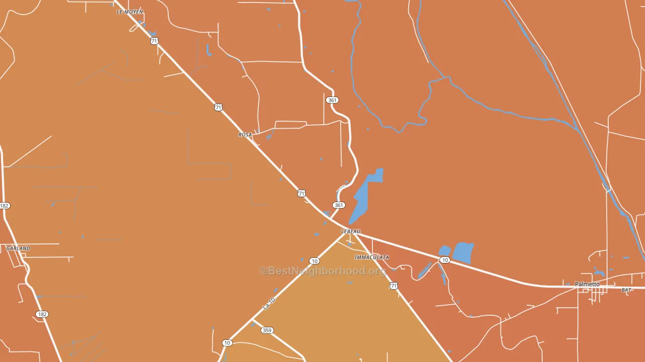 Map of the best neighborhoods in the Lebeau area, with better matches in green and worse matches in red