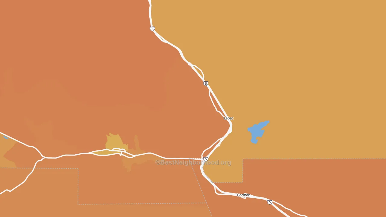 Map of the best neighborhoods in the Lebec area, with better matches in green and worse matches in red