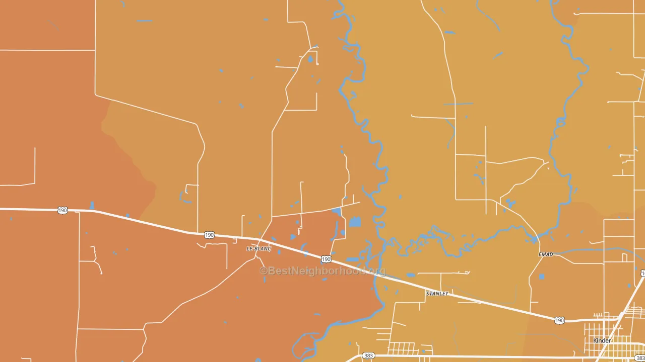 Map of the best neighborhoods in the Leblanc area, with better matches in green and worse matches in red