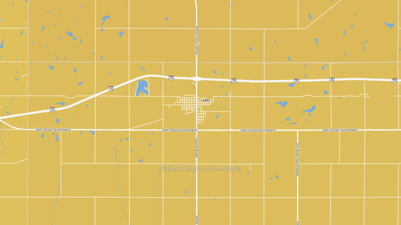 Map of the best neighborhoods in the Lebo area, with better matches in green and worse matches in red