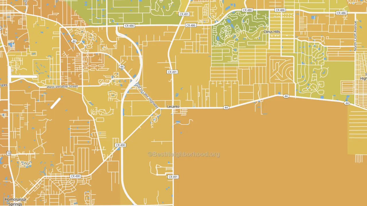 Map of the best neighborhoods in the Lecanto area, with better matches in green and worse matches in red