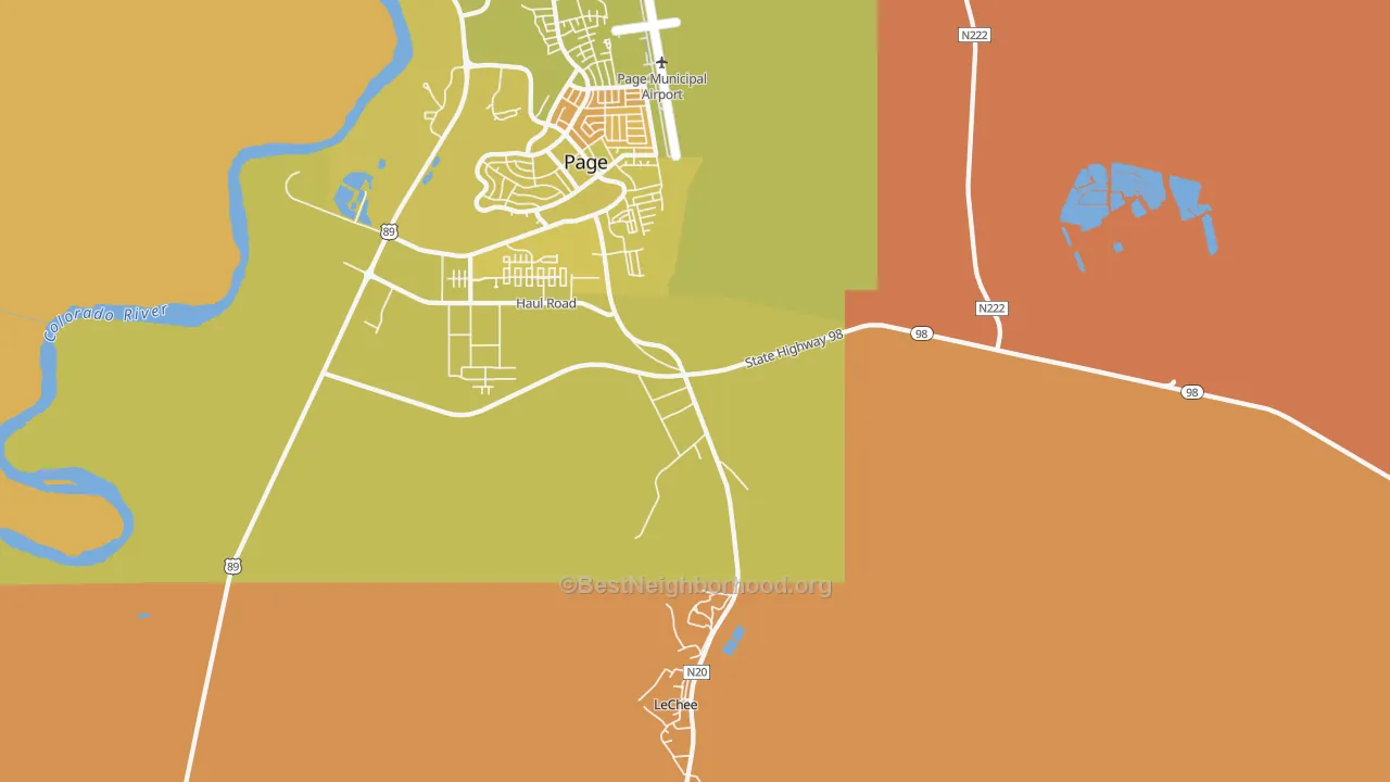Map of the best neighborhoods in the Lechee area, with better matches in green and worse matches in red