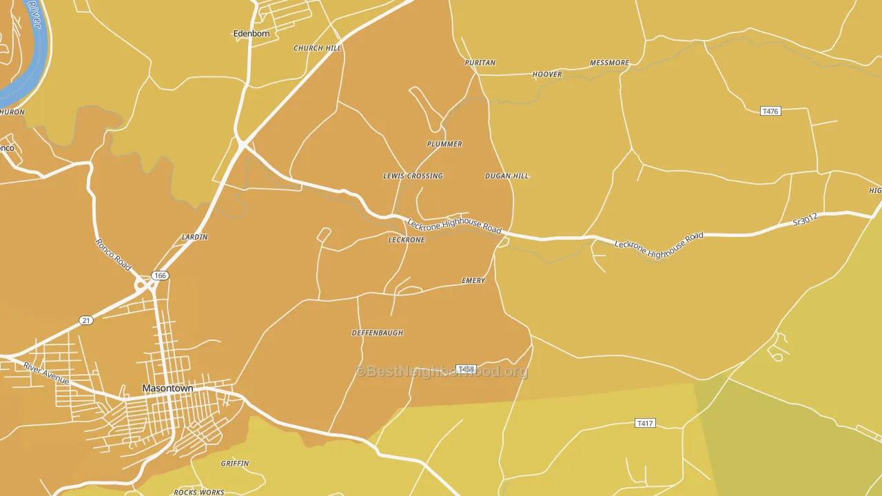Map of the best neighborhoods in the Leckrone area, with better matches in green and worse matches in red