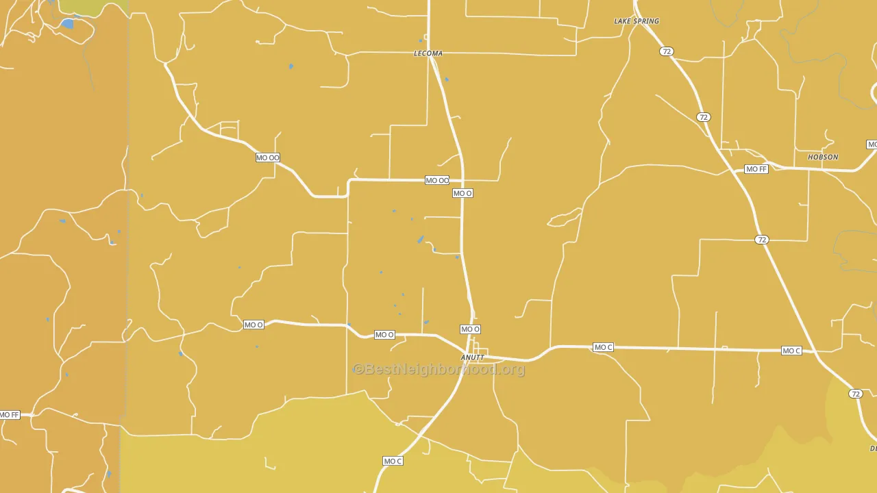 Map of the best neighborhoods in the Lecoma area, with better matches in green and worse matches in red