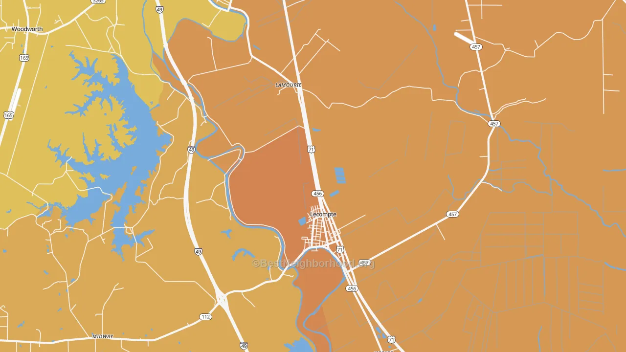 Map of the best neighborhoods in the Lecompte area, with better matches in green and worse matches in red