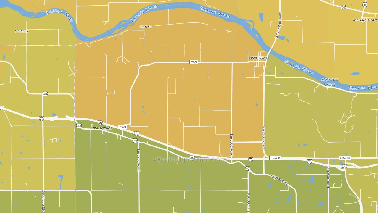 Map of the best neighborhoods in the Lecompton area, with better matches in green and worse matches in red
