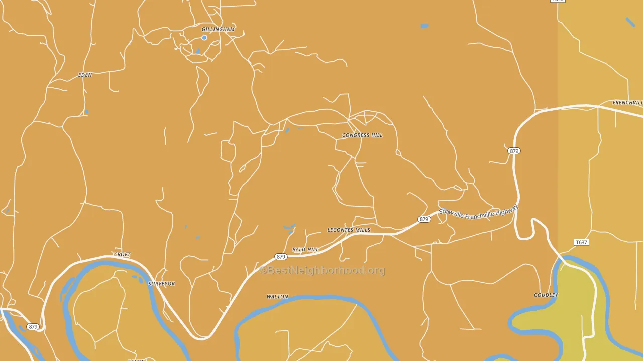 Map of the best neighborhoods in the Lecontes Mills area, with better matches in green and worse matches in red
