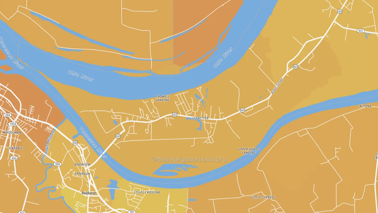 Map of the best neighborhoods in the Ledbetter area, with better matches in green and worse matches in red