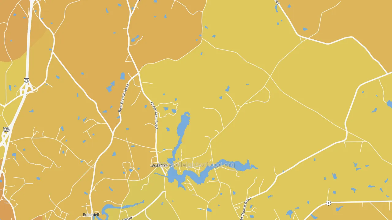 Map of the best neighborhoods in the Ledbetter area, with better matches in green and worse matches in red
