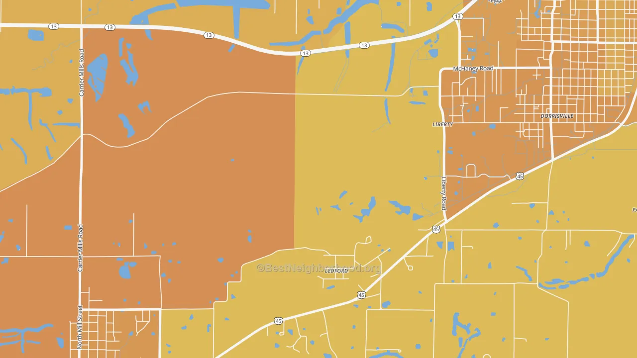Map of the best neighborhoods in the Ledford area, with better matches in green and worse matches in red