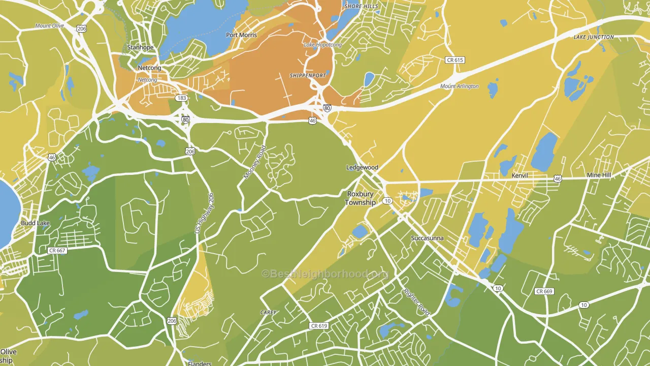 Map of the best neighborhoods in the Ledgewood area, with better matches in green and worse matches in red