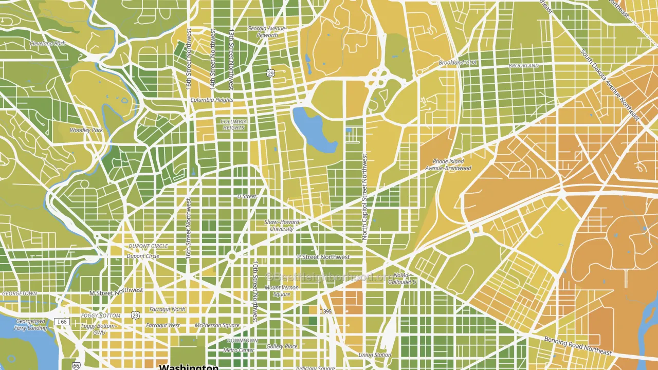Map of the best neighborhoods in the Ledroit Park, Washington area, with better matches in green and worse matches in red