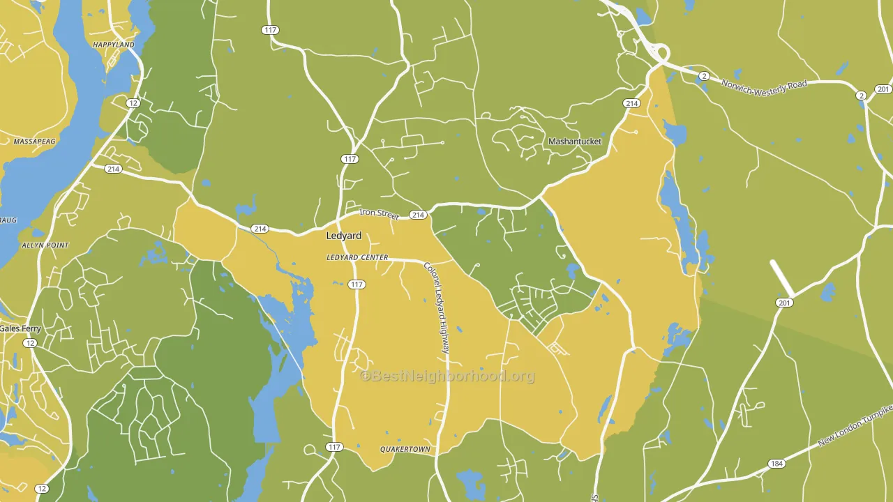 Map of the best neighborhoods in the Ledyard area, with better matches in green and worse matches in red