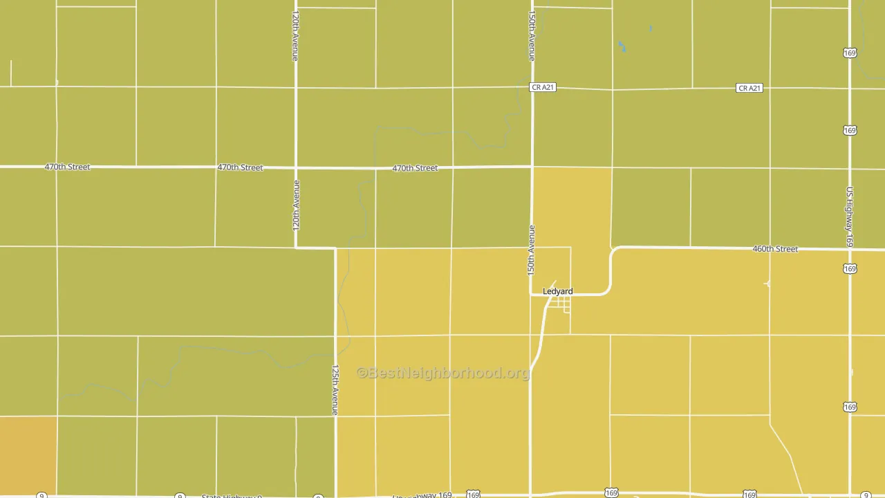 Map of the best neighborhoods in the Ledyard area, with better matches in green and worse matches in red