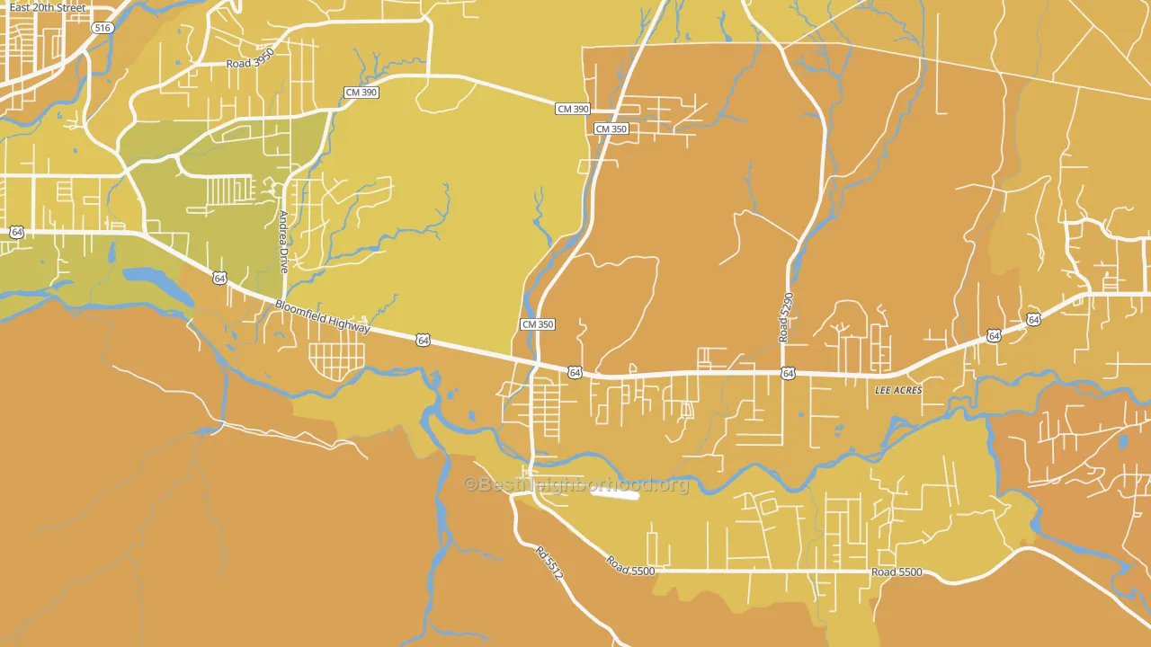 Map of the best neighborhoods in the Lee Acres area, with better matches in green and worse matches in red
