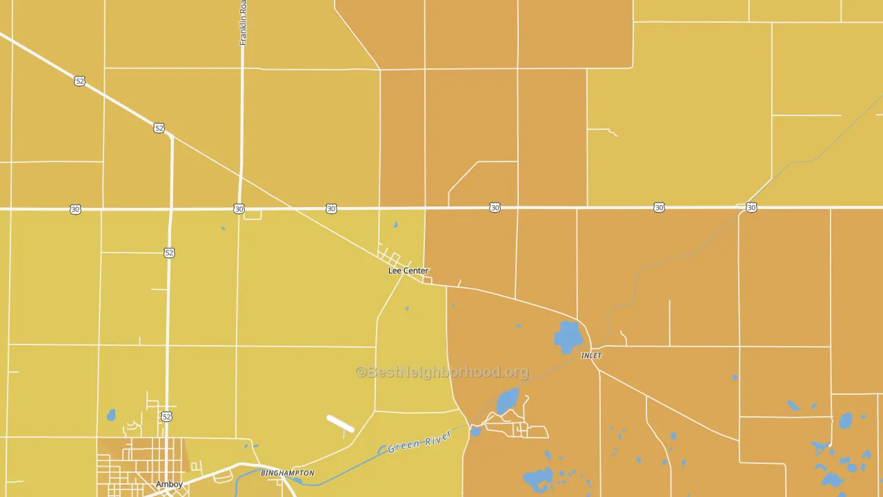 Map of the best neighborhoods in the Lee Center area, with better matches in green and worse matches in red