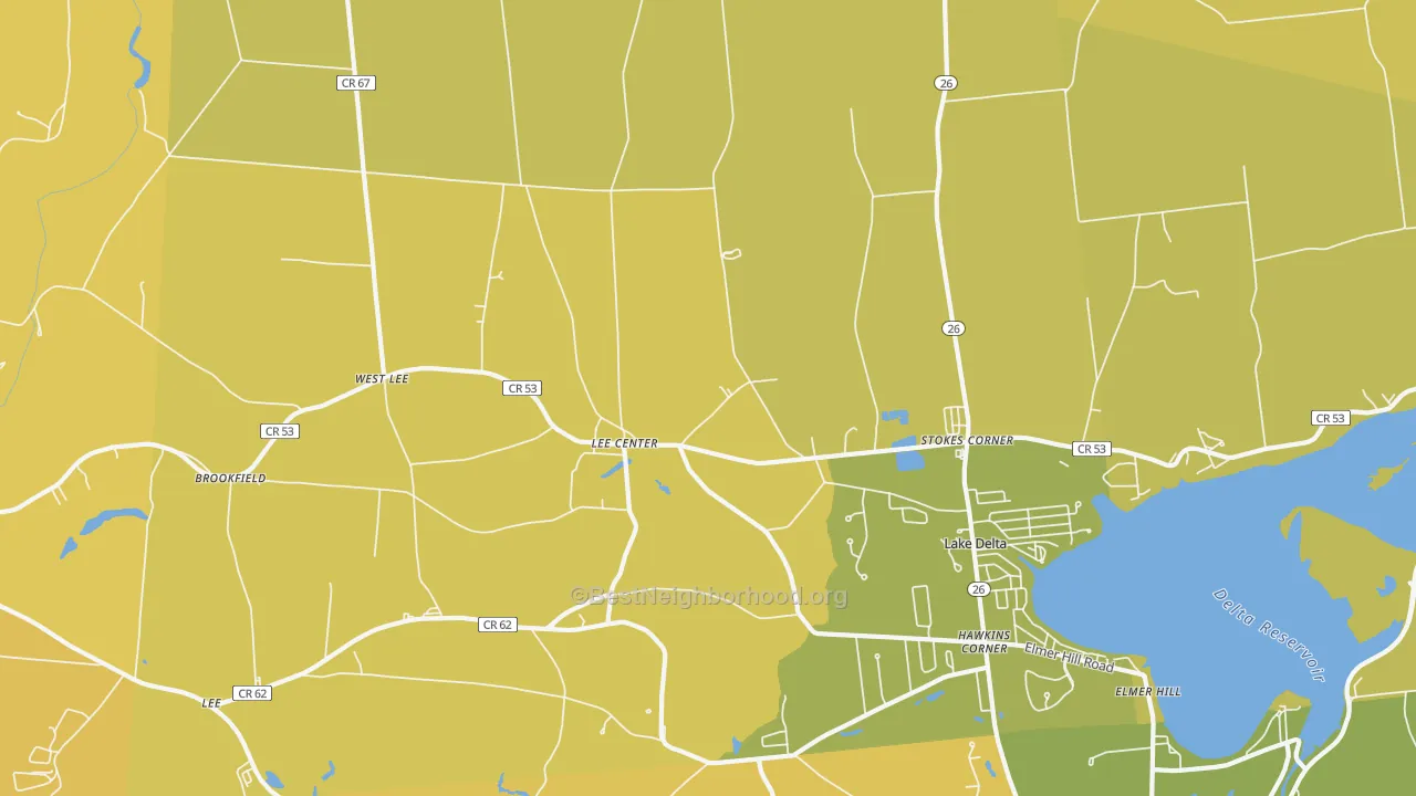 Map of the best neighborhoods in the Lee Center area, with better matches in green and worse matches in red