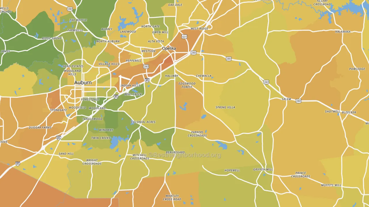 Map of the best neighborhoods in the Lee County area, with better matches in green and worse matches in red