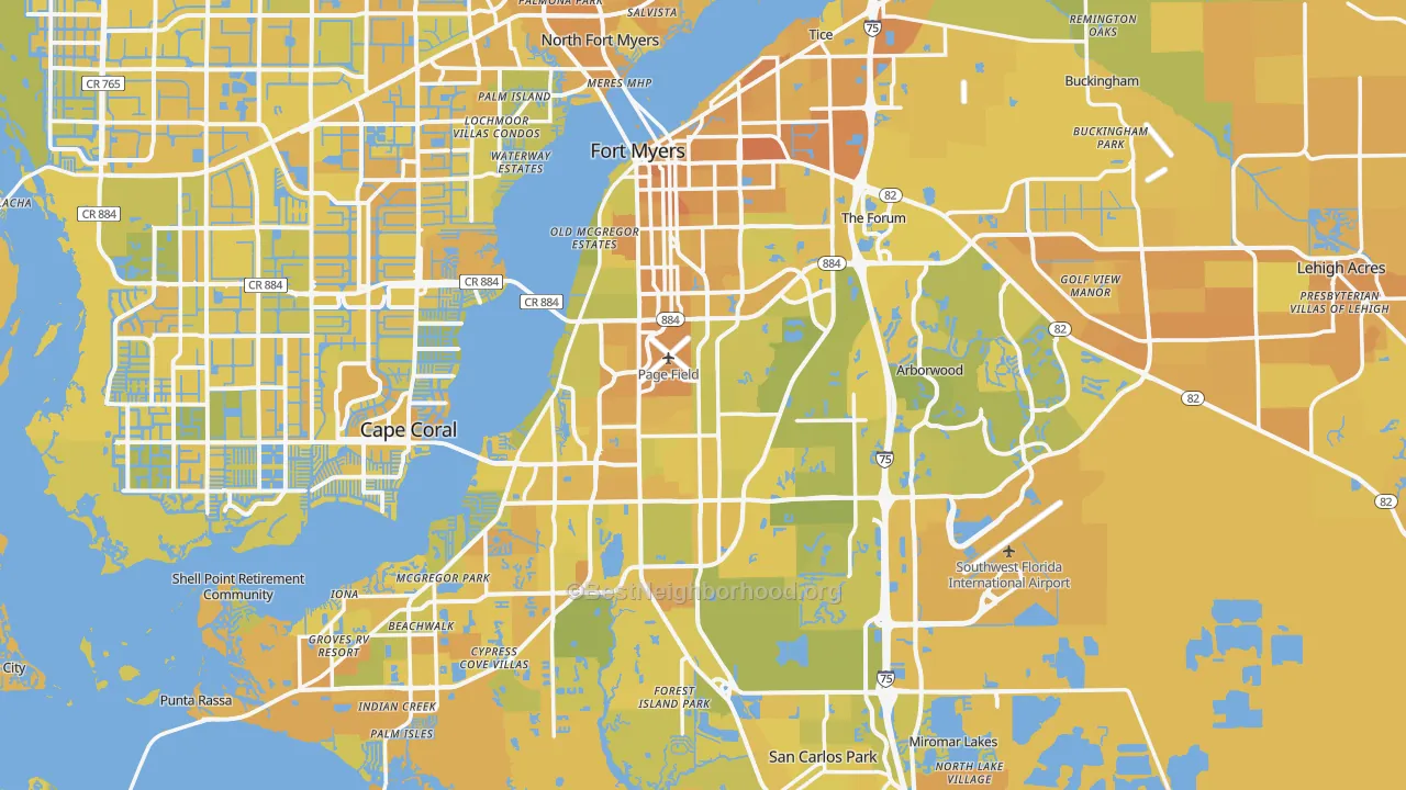 Map of the best neighborhoods in the Lee County area, with better matches in green and worse matches in red