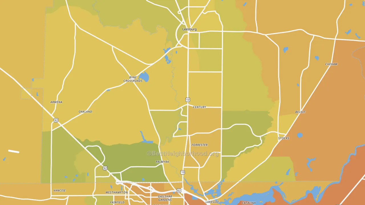 Map of the best neighborhoods in the Lee County area, with better matches in green and worse matches in red