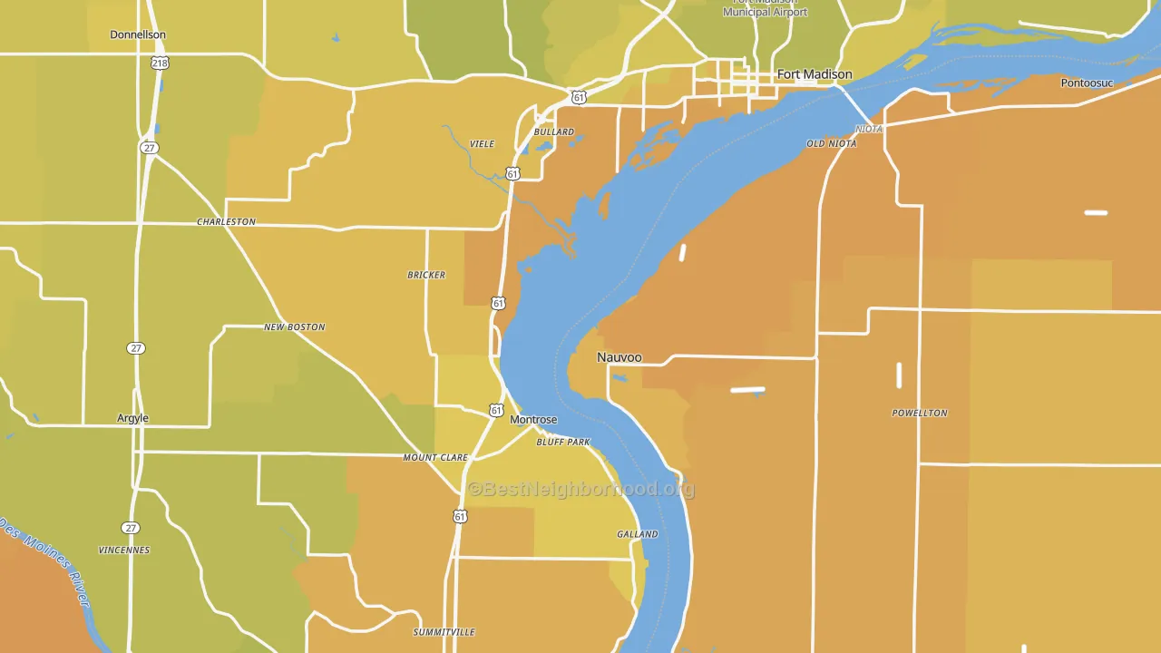 Map of the best neighborhoods in the Lee County area, with better matches in green and worse matches in red