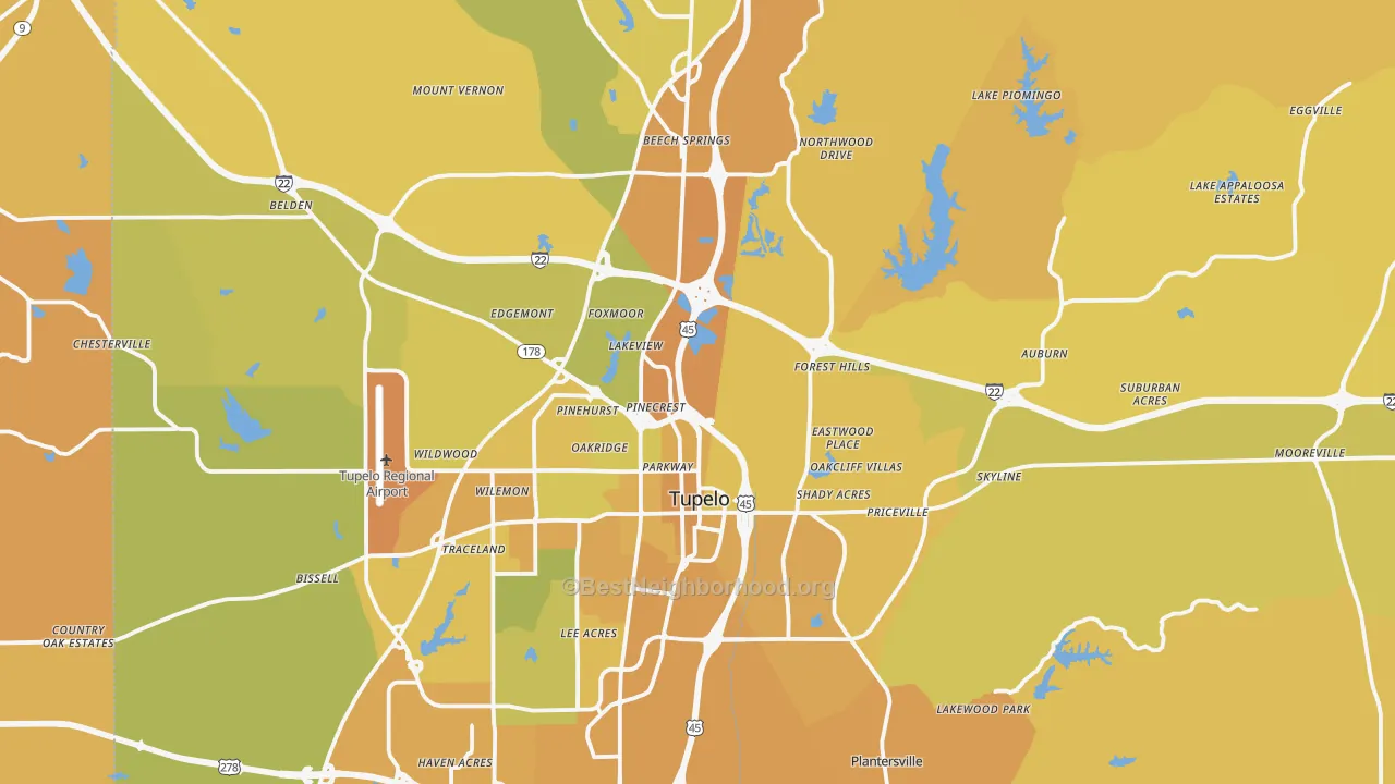 Map of the best neighborhoods in the Lee County area, with better matches in green and worse matches in red
