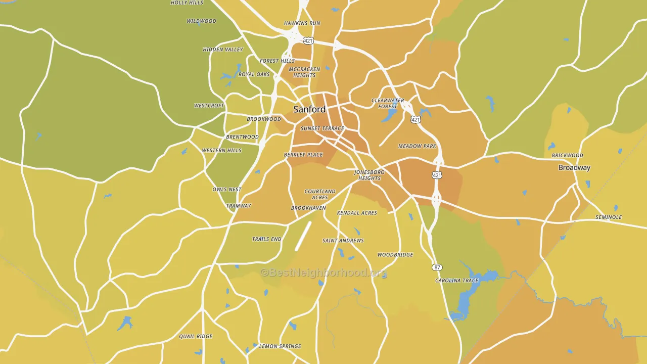 Map of the best neighborhoods in the Lee County area, with better matches in green and worse matches in red