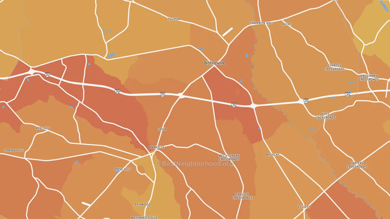 Map of the best neighborhoods in the Lee County area, with better matches in green and worse matches in red