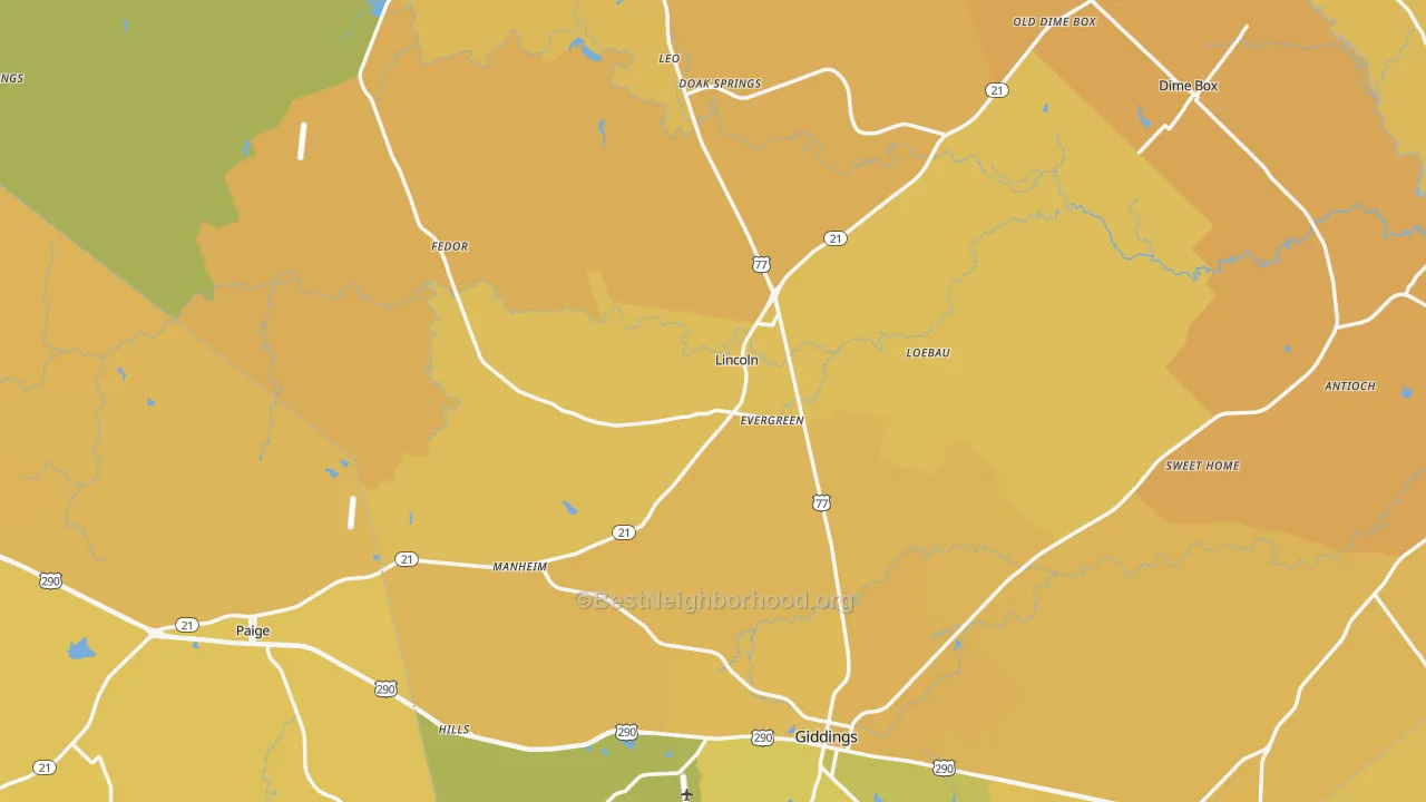 Map of the best neighborhoods in the Lee County area, with better matches in green and worse matches in red