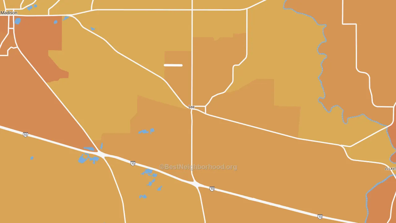 Map of the best neighborhoods in the Lee area, with better matches in green and worse matches in red