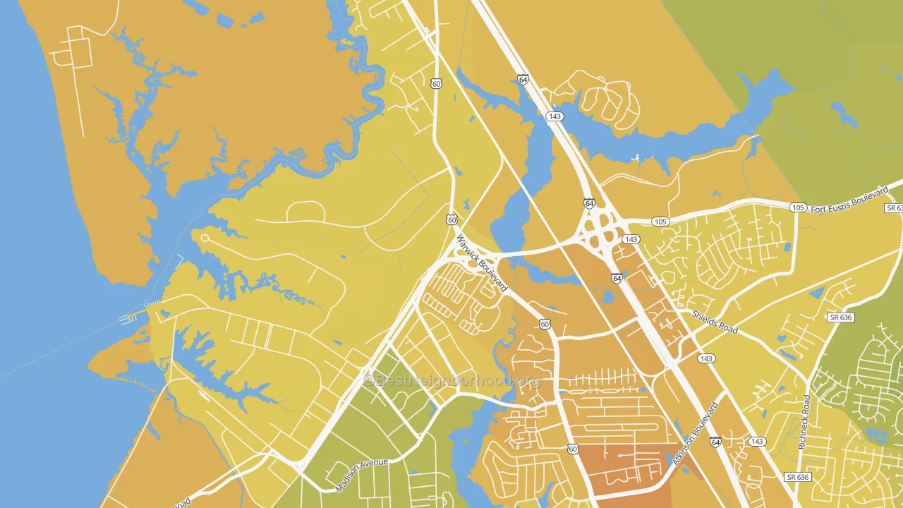 Map of the best neighborhoods in the Lee Hall, Newport News area, with better matches in green and worse matches in red