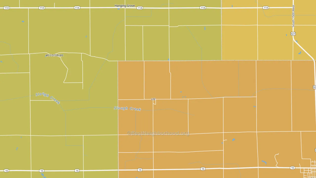 Map of the best neighborhoods in the Lee area, with better matches in green and worse matches in red