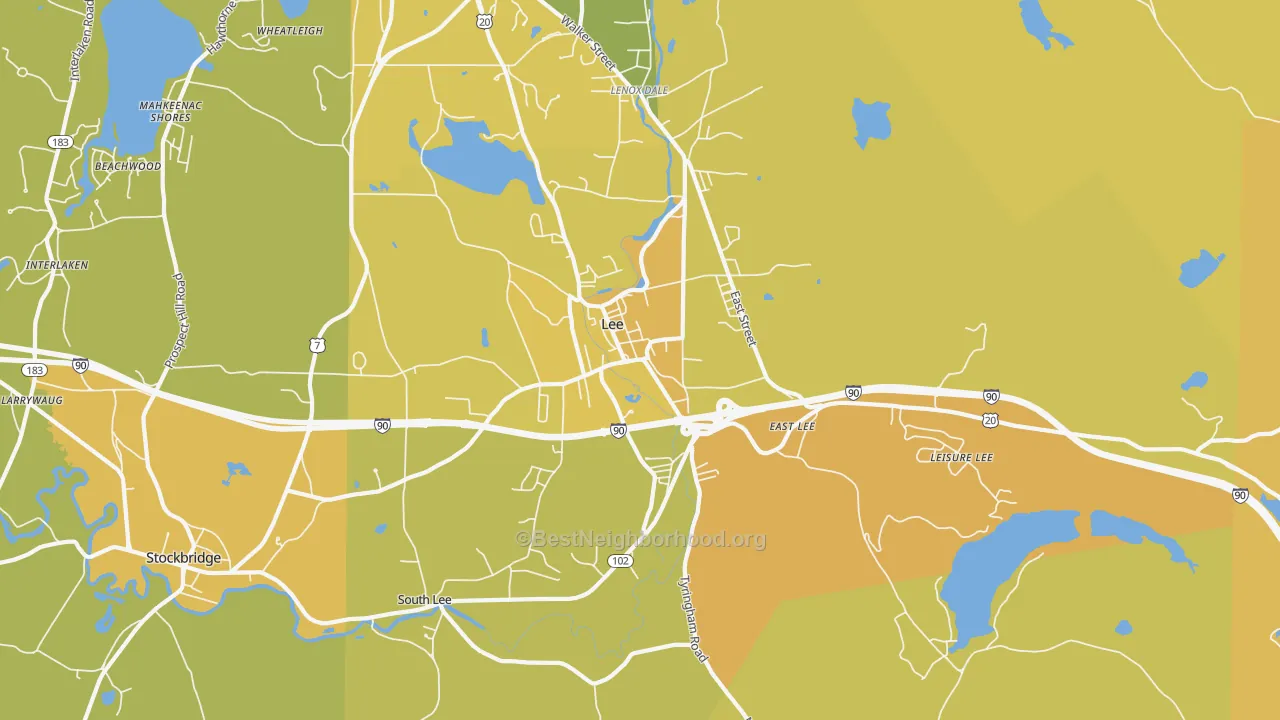 Map of the best neighborhoods in the Lee area, with better matches in green and worse matches in red