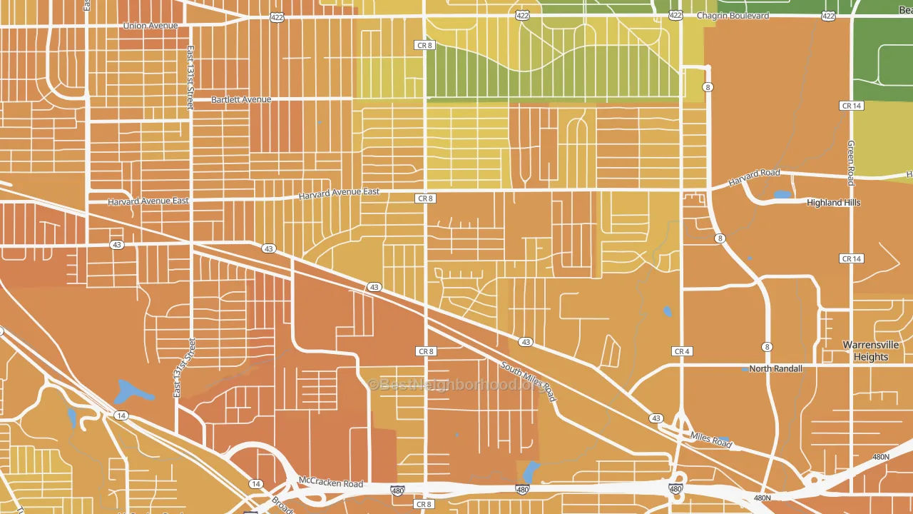 Map of the best neighborhoods in the Lee-Miles, Cleveland area, with better matches in green and worse matches in red