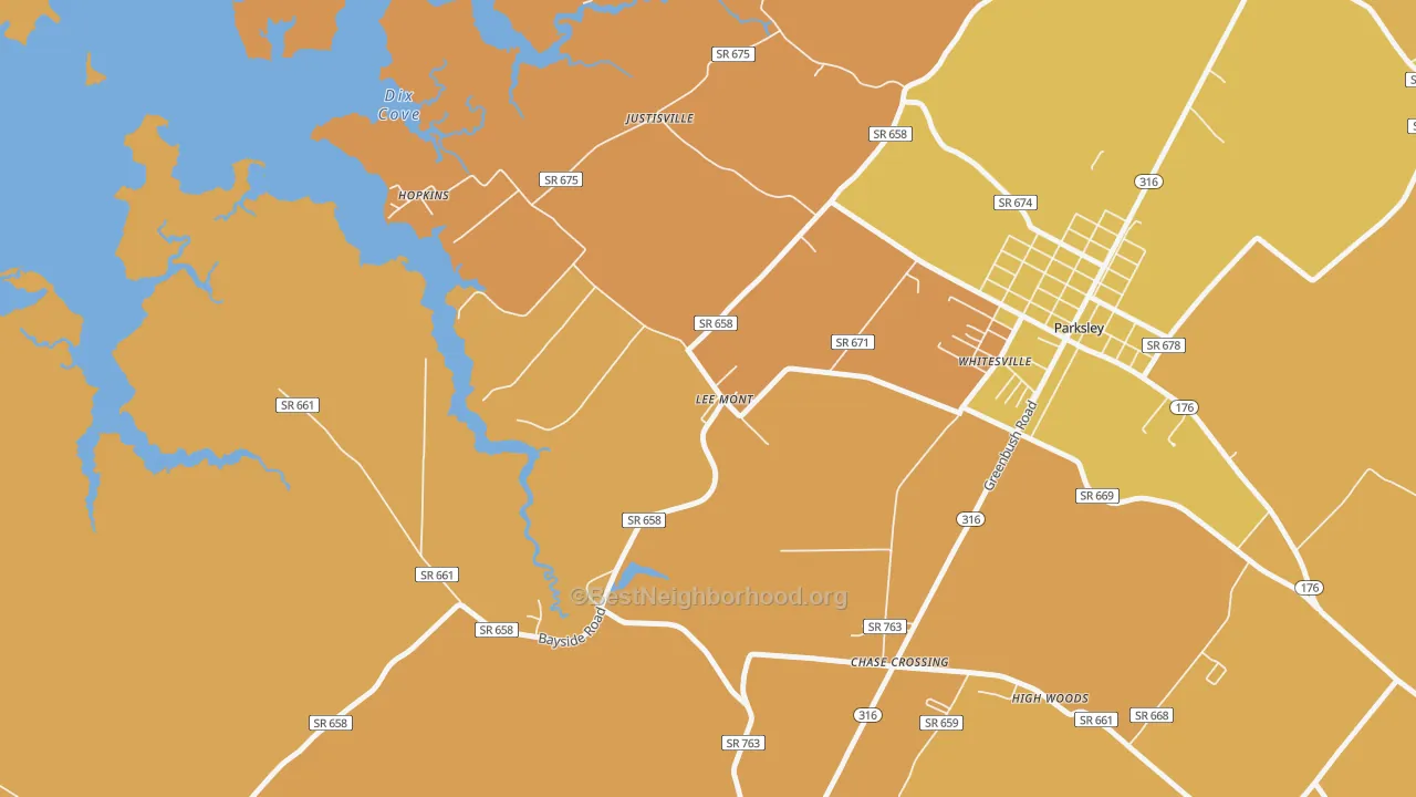 Map of the best neighborhoods in the Lee Mont area, with better matches in green and worse matches in red