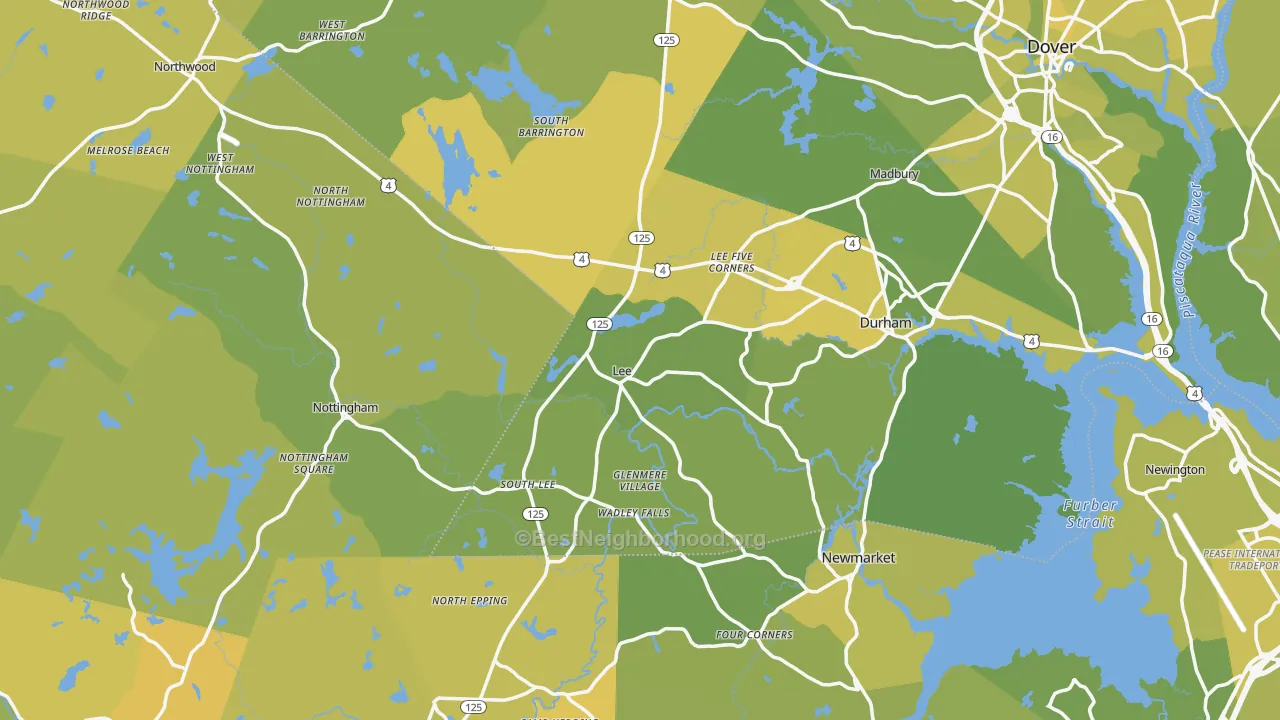 Map of the best neighborhoods in the Lee area, with better matches in green and worse matches in red