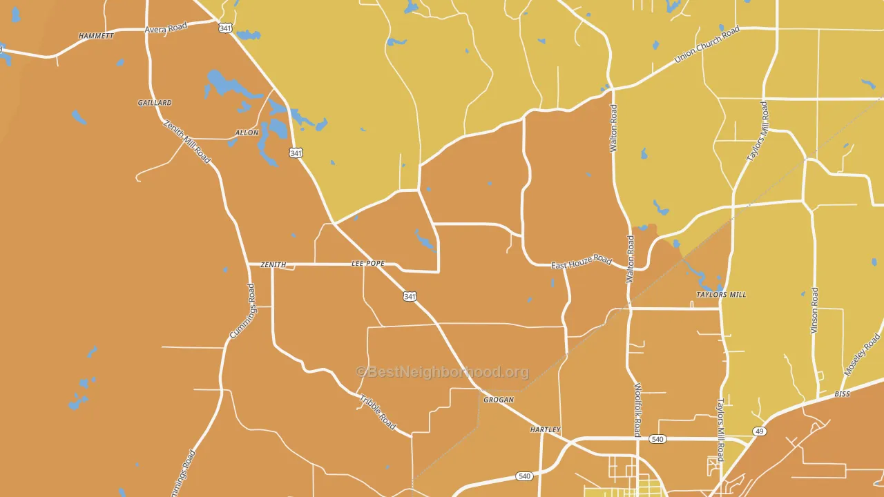 Map of the best neighborhoods in the Lee Pope area, with better matches in green and worse matches in red