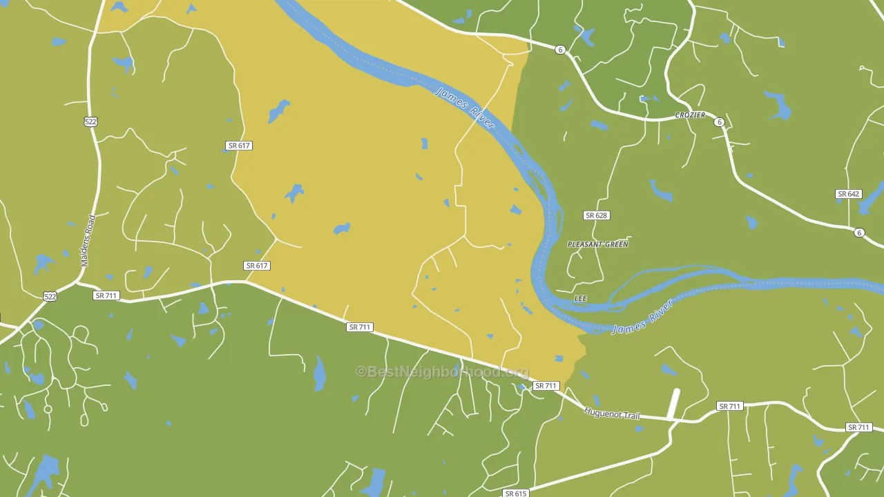 Map of the best neighborhoods in the Lee area, with better matches in green and worse matches in red