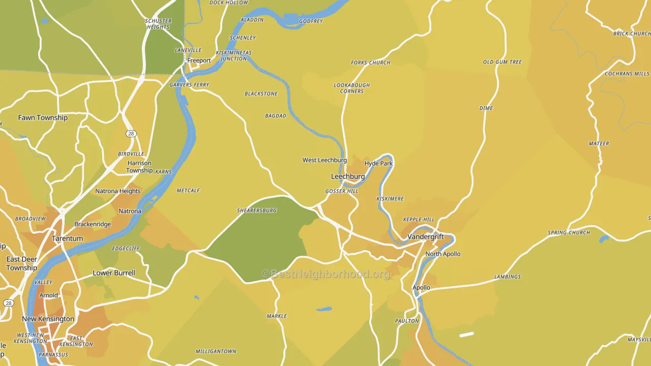 Map of the best neighborhoods in the Leechburg area, with better matches in green and worse matches in red