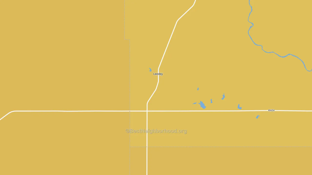 Map of the best neighborhoods in the Leedey area, with better matches in green and worse matches in red