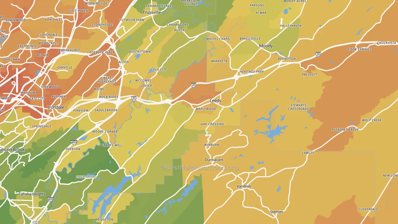 Map of the best neighborhoods in the Leeds area, with better matches in green and worse matches in red