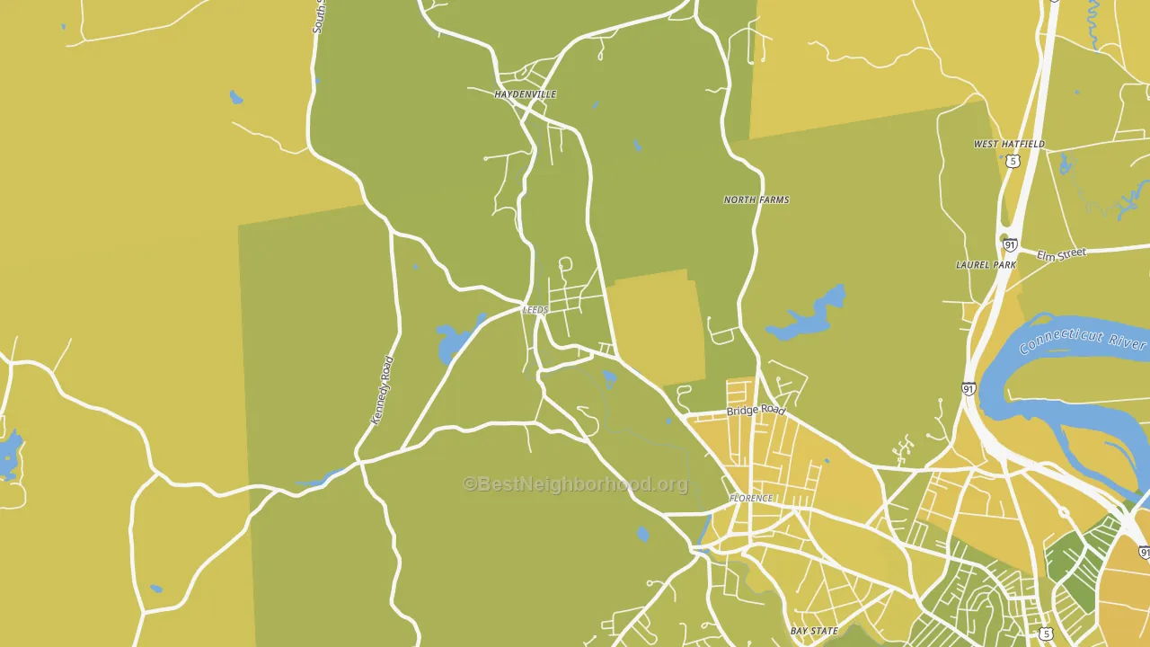 Map of the best neighborhoods in the Leeds area, with better matches in green and worse matches in red