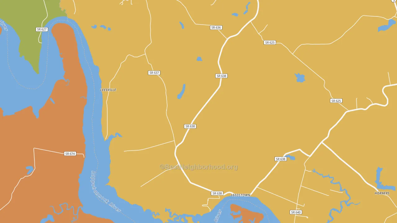 Map of the best neighborhoods in the Leedstown area, with better matches in green and worse matches in red