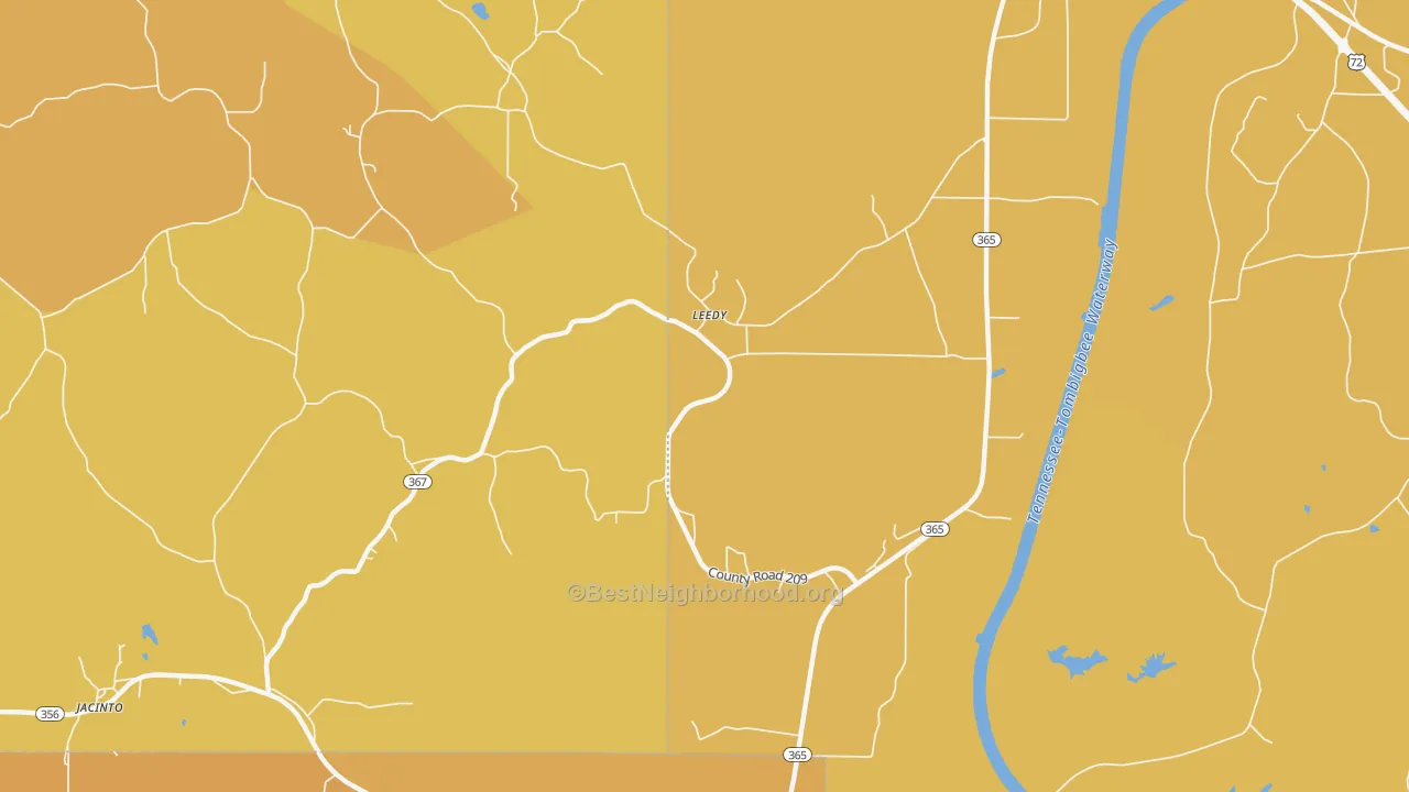 Map of the best neighborhoods in the Leedy area, with better matches in green and worse matches in red