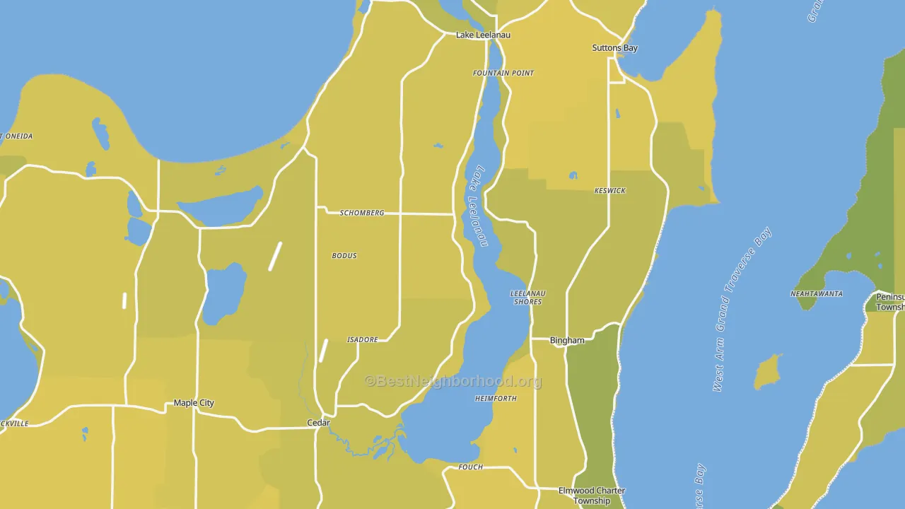 Map of the best neighborhoods in the Leelanau County area, with better matches in green and worse matches in red