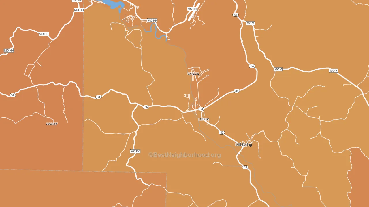 Map of the best neighborhoods in the Leeper area, with better matches in green and worse matches in red