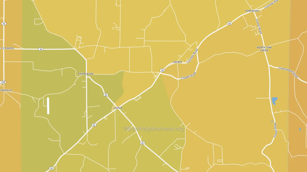 Map of the best neighborhoods in the Leeper area, with better matches in green and worse matches in red