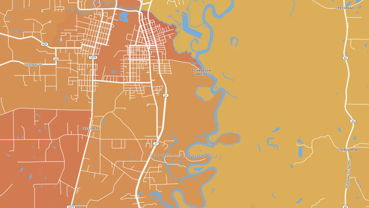 Map of the best neighborhoods in the Lees Creek area, with better matches in green and worse matches in red