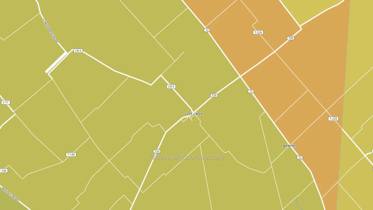 Map of the best neighborhoods in the Lees Creek area, with better matches in green and worse matches in red